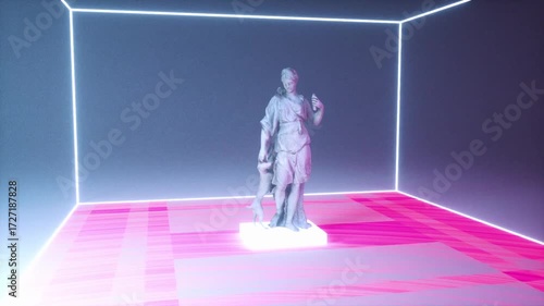 3D animation. Statue of a lady with a dog lit led lamps.