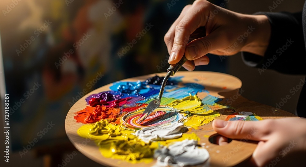 Fototapeta premium An artist's hand deftly mixes a vibrant spectrum of oil paints with a palette knife on a wooden palette, capturing the essence of creative passion and art