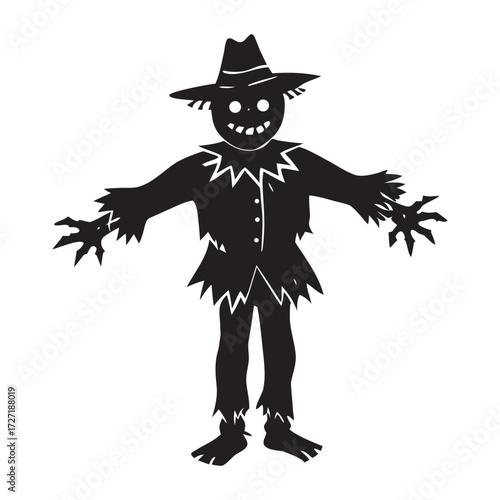 Whimsical scarecrow character illustration with worn tattered clothing and a friendly expression