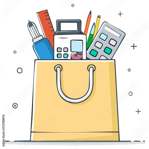 Hand drawn illustration of a paper shopping bag overflowing with school and office stationery supplies