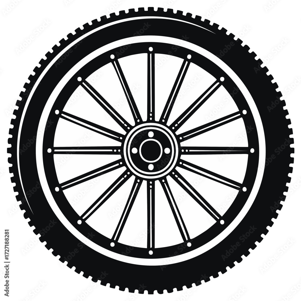 Fototapeta premium Monochrome Bicycle Wheel Illustration Featuring Tire Treads Spokes Hub and Rim Elements