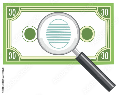 Financial inspection concept with a magnifying glass examining a green paper banknote illustration