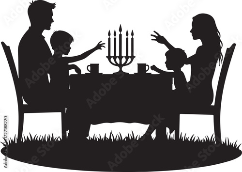Family silhouette at table with candelabra and cups