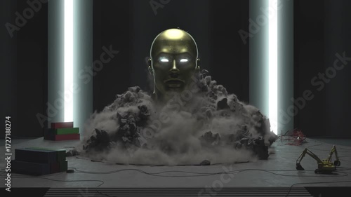 The statue appears from the ground in neon rods.