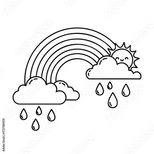 A cheerful sun peeks from behind fluffy clouds, with vibrant rainbows arching across a bright sky filled with raindrops.