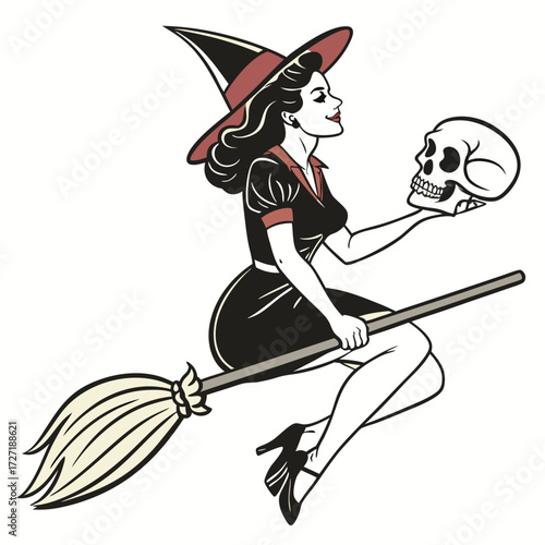Retro Witch Pin-up Girl Vector Illustration