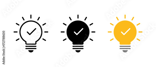 Light bulb with check mark icon. Approved idea, confirmed solution symbol