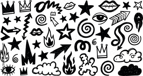 Vector art of black and white handdrawn doodles of abstract shapes, stars, crowns, and lips
