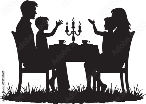Family silhouette at table with candelabra and cups
