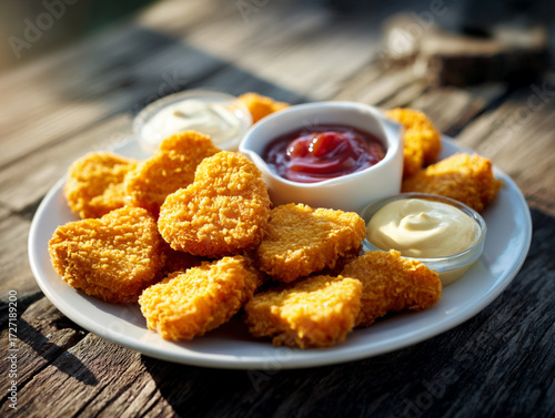 Golden Crispy Chicken Nuggets with Dipping Sauces on White Plate