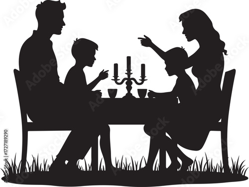 Family silhouette at table with candelabra and cups