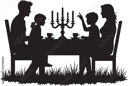 Family silhouette at table with candelabra and cups