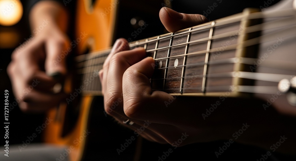 Obraz premium Close-up of a person's hands playing a brown acoustic guitar, with fingers pressing down on the strings to create chords and music