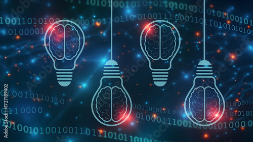 Futuristic AI and Brain Concept Illustration with Light Bulbs and Neural Activity