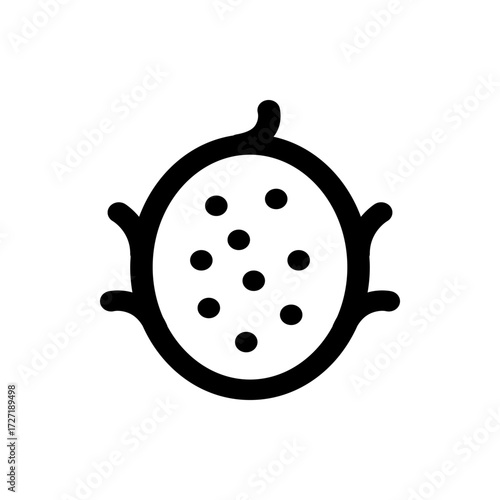 Illustration of a black outlined dragon fruit with black seeds on a white background in a simple style
