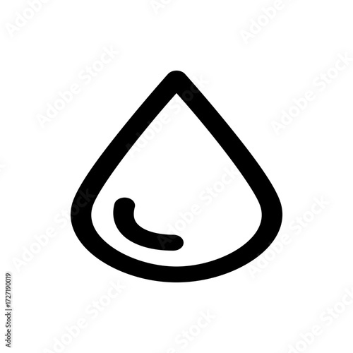 Simple black and white line drawing of a water drop with a small internal reflection graphic element