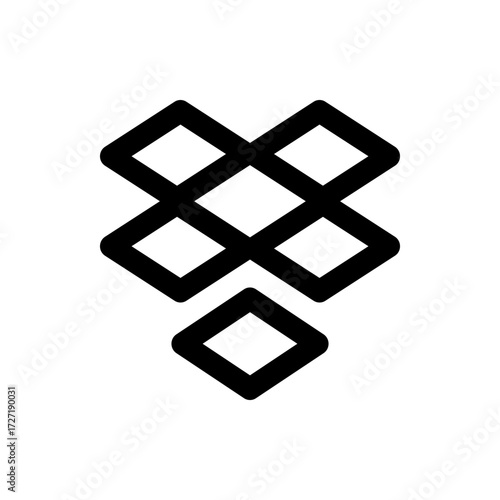 A geometric arrangement of black rhombuses forming a stacked and interconnected pattern with rounded corners