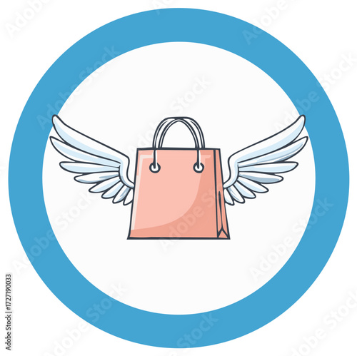 Shopping Bag with Wings within Blue Circle Symbolizing Fast Delivery Service.