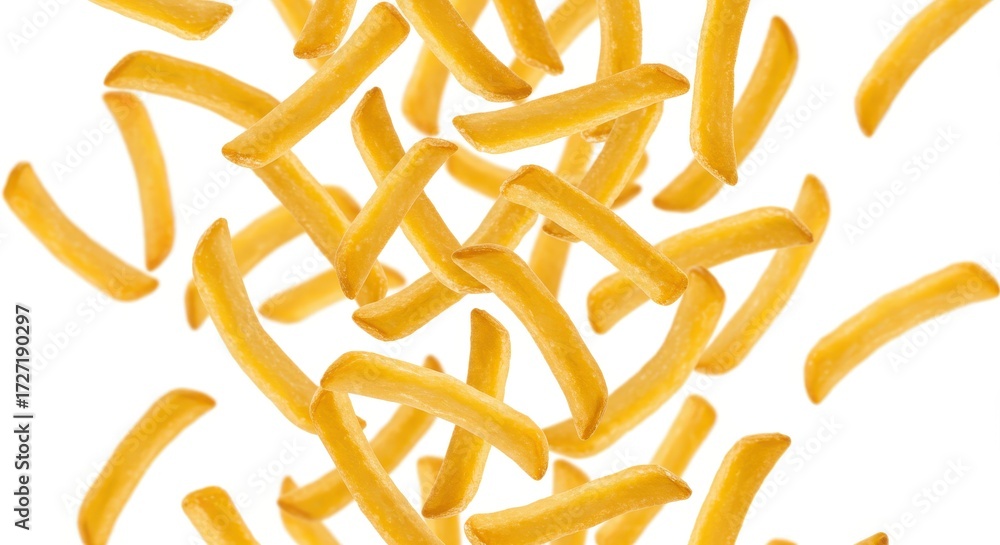 Fototapeta premium Golden french fries, crisply cut and tossed in the air, appear against a pure white background.