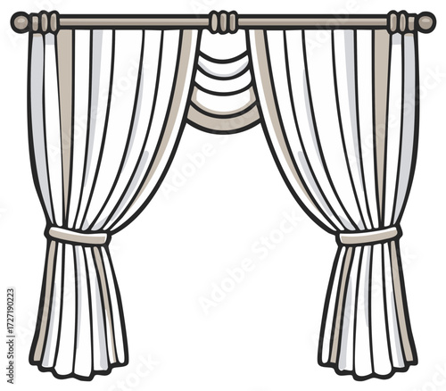 Draped curtain with tiebacks and pelmet on a rod, vector illustration