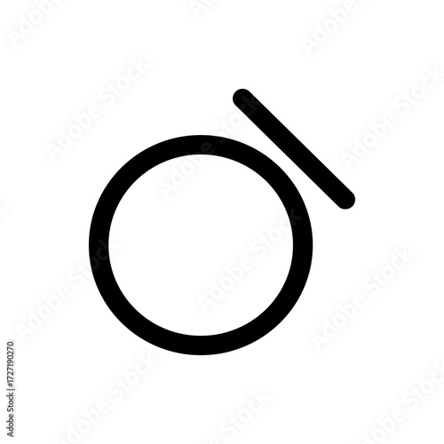 A simple graphic featuring a bold black circle with a diagonal line across the upper right quadrant area
