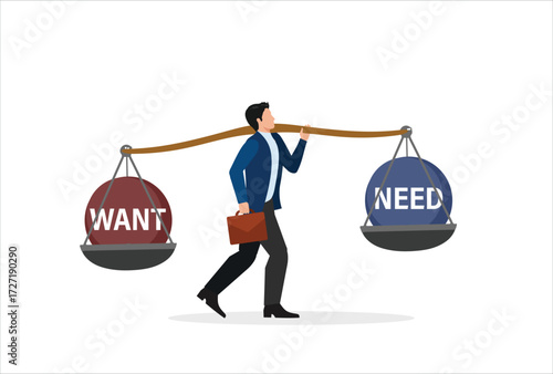 Businessman balancing between need and want, Business concept icon vector template design element