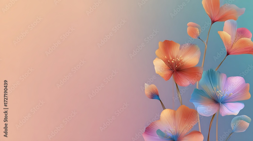 Naklejka premium Watercolor floral arrangement with orange and blue flowers on soft gradient.