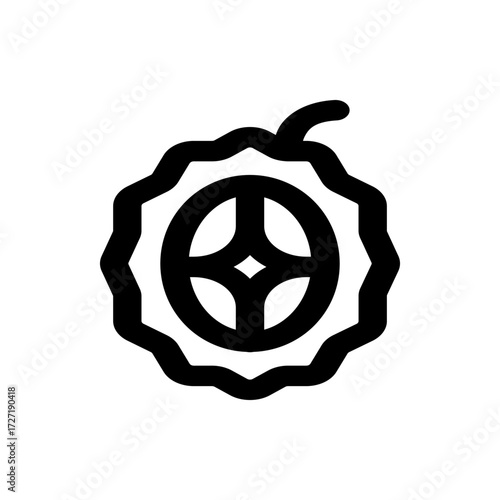 Illustration of a black and white bitter melon with a unique design inside of the fruit in a simple style