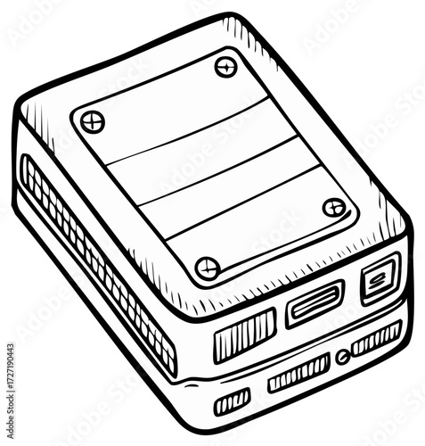 Vintage video game console outline drawing, retro gaming system, gaming technology