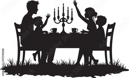 Family silhouette at table with candelabra and cups