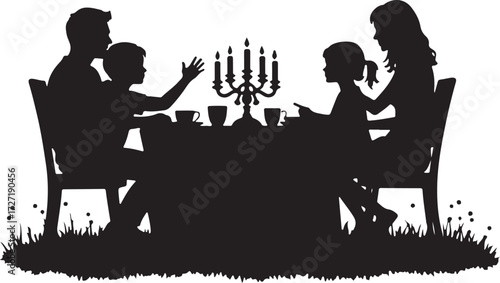 Family silhouette at table with candelabra and cups
