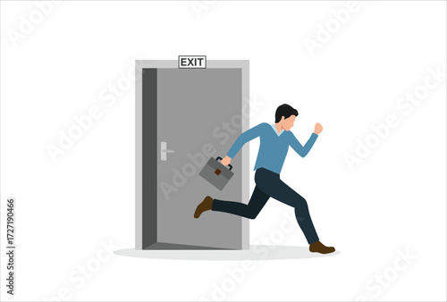 Quit routine job, leaving or escape way for business dead end to be success or exit from work difficulties concept, businessman worker in suit running in hurry to emergency door with the sign exit.