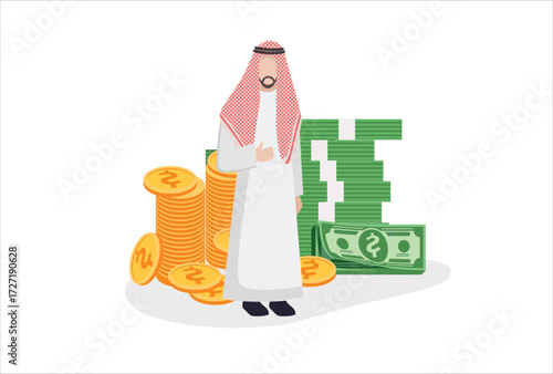 icon vector template design element Arab businessman with working suitcase money coin gold Financial success. Cash dollar Successful business in Saudi Arabia Dubai. Rich arabian man