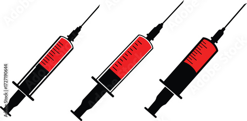 Three medical syringes filled with red liquid silhouette