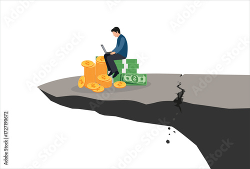icon vector template design element Businessman working on laptop sitting on the cracked cliff edge, risk, danger, comfort zone concept