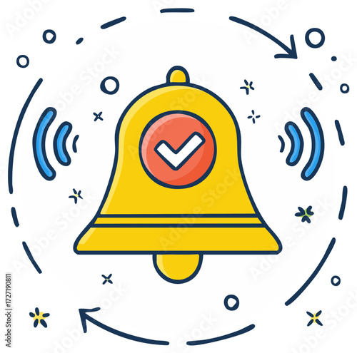 Illustration of a yellow bell with a checkmark inside a red circle and sound waves radiating outwards symbolizing notification and confirmation.