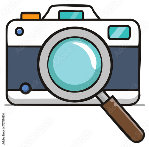 Magnifying glass over a stylized camera lens exploring details exploration concept