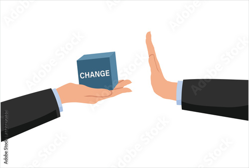 icon vector design Status quo bias, fear or refuse to change, comfort zone, resist to make decision concept, businessman hand denied or refuse to get change cube box.