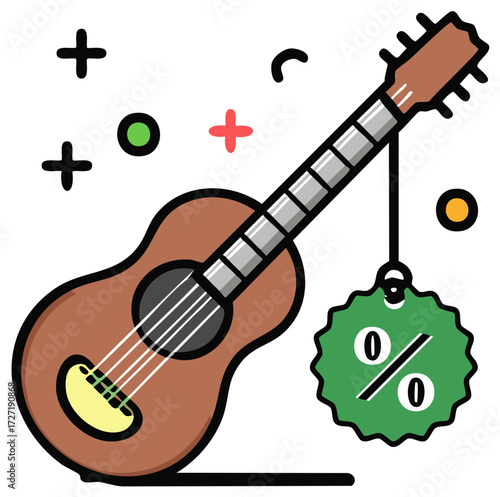 Acoustic Guitar with Zero Percent Tag and Geometric Accents Illustration