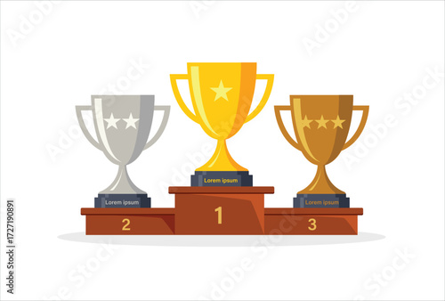 icon vector template design element Winners podium with cups. Prizes for the Champions. 1st  Gold, silver and bronze cups. Vector illustration in flat style.
