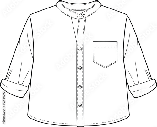 CAD drawing flat vector illustration of long sleeve button-up shirt with rolled sleeves, front pocket, mandarin collar, fashion design