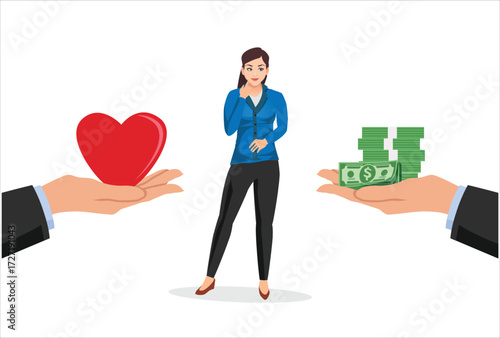 icon vector design illustration young woman girl beauty boss choosing between love heart or money template job life give work element 
