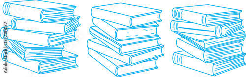 A Set of Line art of stack of books vector illustration. a blue and white drawing of a stack of books. Bookstore, library line symbols. Stack of book liner art.book stack set