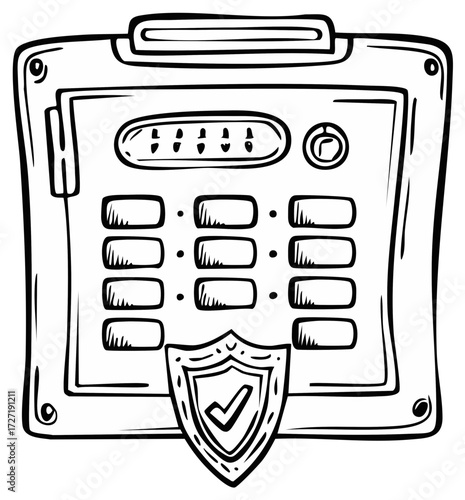 Hand drawn sketch of a security keypad with a shield and checkmark symbol