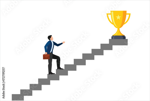 Small steps to success, challenges to achieve success targets, patience and persistence concept, businessman walk up small step stair to reach trophy reward.