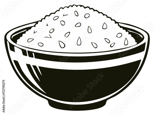 Classic monochrome illustration of a bowl of white rice garnished with sesame seeds