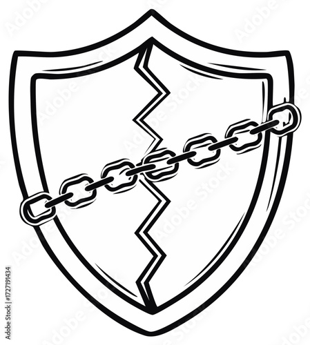 Broken shield and chain symbolizing vulnerability, breach of security, and weakness in a black and white illustration.