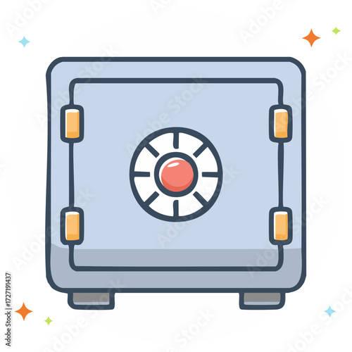 Cartoon illustration of a closed safe with round dial and secure bolts, financial security.