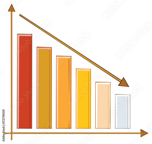 Colorful hand drawn bar chart illustration with a descending arrow showing a downward trend or decline
