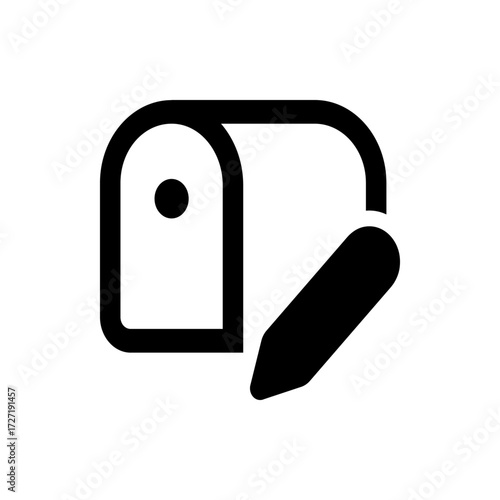 Illustration of a black and white price tag with a hole and a pencil angled towards the right side of it